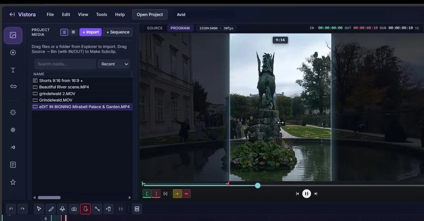 Vistora UI showing 9:16 reframe